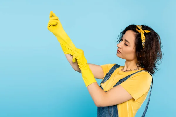 Brunette Woman Putting Yellow Rubber Gloves Isolated Blue — Stock Photo, Image