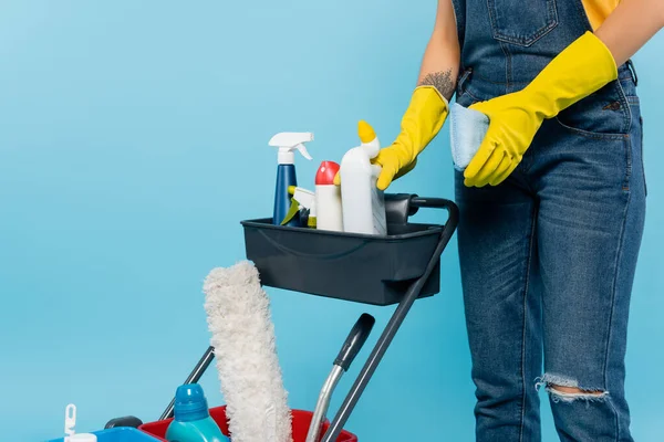 Cropped View Cleaner Rubber Gloves Holding Sponge Cart Cleaning Supplies — Stock Photo, Image