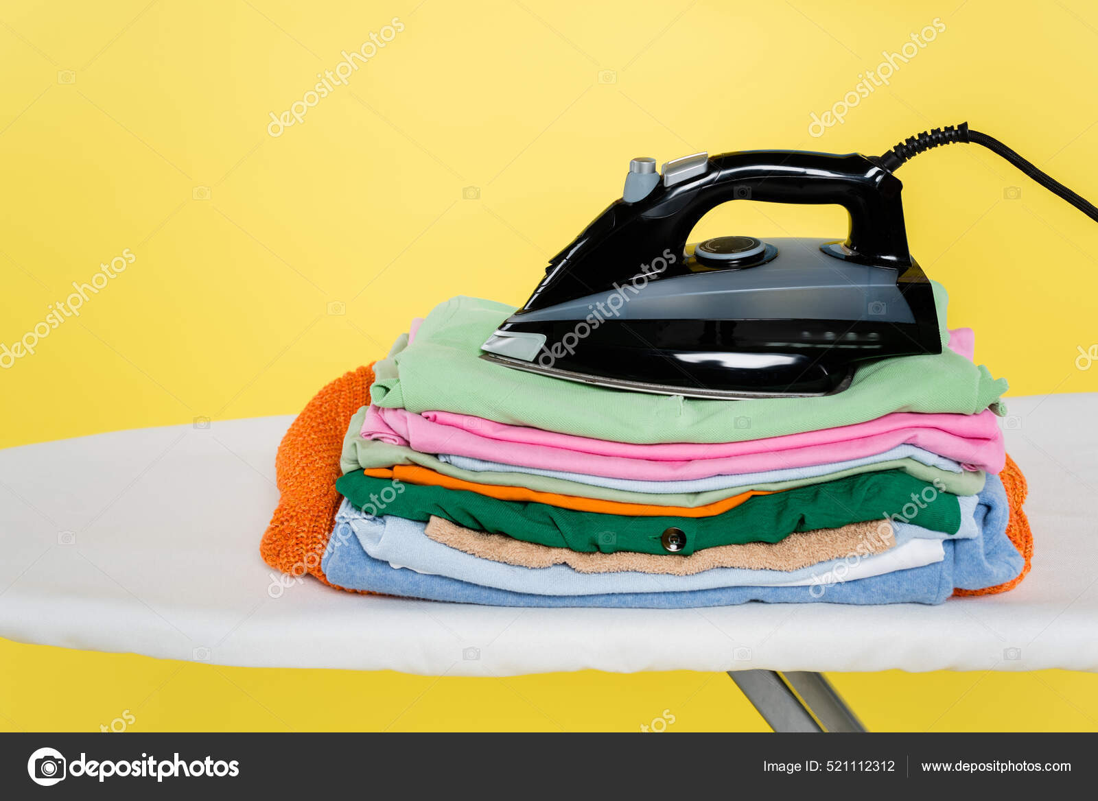 Stack Clean Laundry Iron Ironing Board Isolated Yellow Stock Photo by