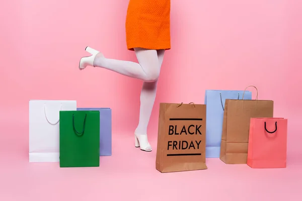 Partial View Woman Multicolored Shopping Bags Black Friday Lettering Pink — Stock Photo, Image