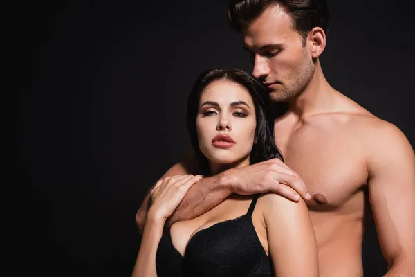 Young Shirtless Man Embracing Passionate Woman Bra Isolated Black — Stock Photo, Image