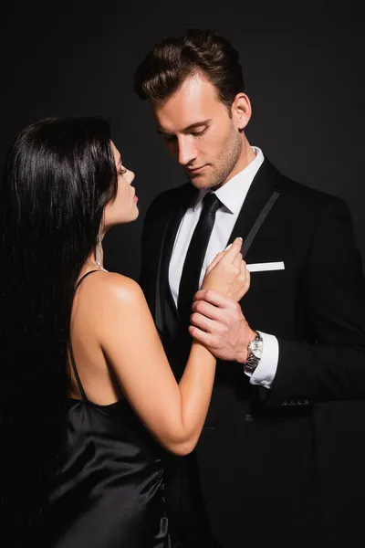 Young Man Elegant Suit Holding Hand Stylish Brunette Woman Isolated — Stock Photo, Image