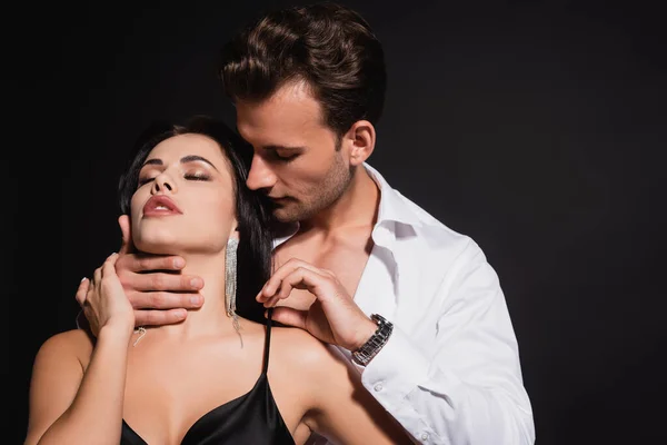 Man Unbuttoned Shirt Seducing Passionate Woman Standing Closed Eyes Isolated — Stock Photo, Image