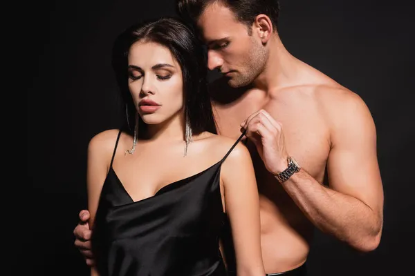 Homem Sem Camisa Despir Mulher Sexy Vestido Seda Isolado Preto — Fotografia de Stock