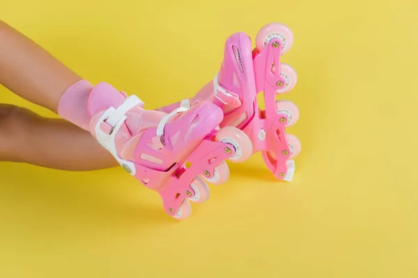 Cropped View African American Young Woman Pink Roller Skates Yellow — Stock Photo, Image