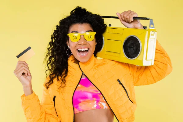 Cheerful African American Young Woman Sunglasses Sale Lettering Holding Boombox — Stock Photo, Image