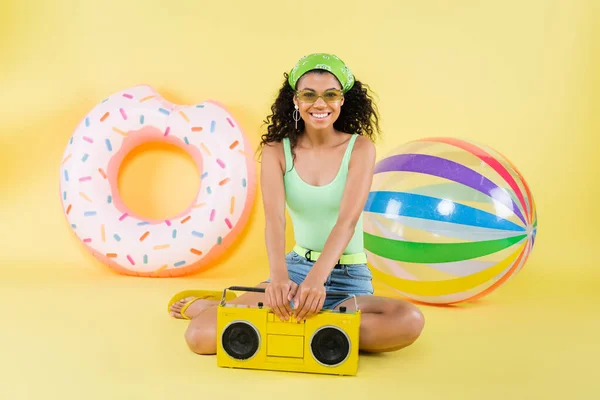 Full Length Happy African American Woman Sitting Boombox Inflatable Ball — Stock Photo, Image