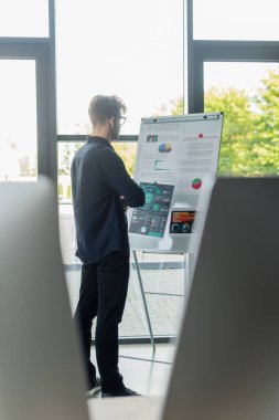 Ofisteki bulanık bilgisayar monitörlerinin yakınındaki ters çevirme grafiklerine bakan programcı 