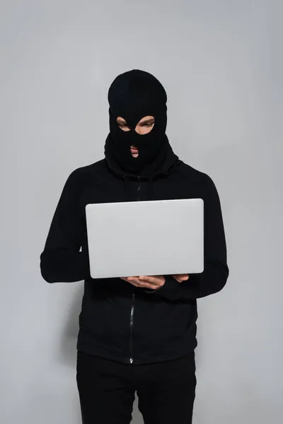 Hacker Balaclava Preta Usando Laptop Fundo Cinza — Fotografia de Stock