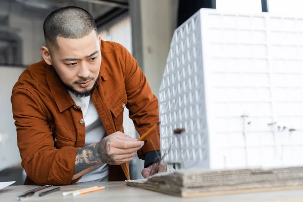 Tetovaný Asijský Architekt Ukazující Tužkou Model Domu Při Práci Kanceláři — Stock fotografie