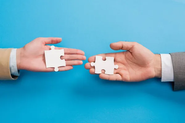 Top View Male Female Hands Jigsaw Blue — Stock Photo, Image