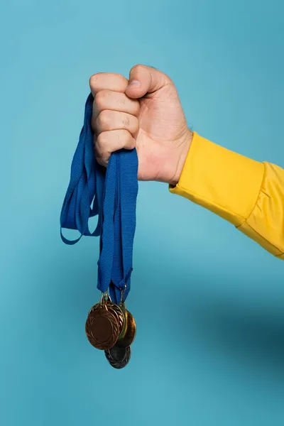 Cropped View Champion Holding Medals Blue — Stock Photo, Image