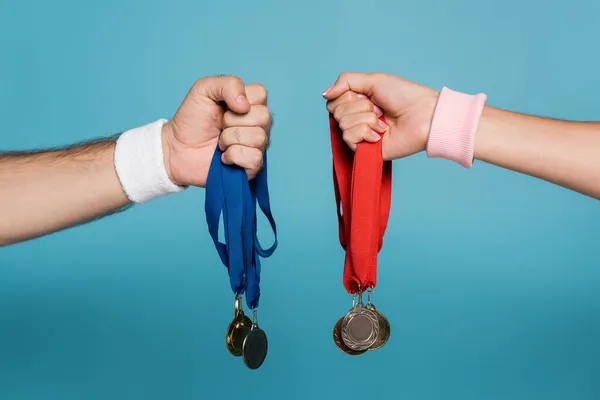 Cropped View Man Woman Holding Medals Blue — Stock Photo, Image