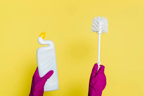 Partial View Cleaner Rubber Gloves Holding Bottle Detergent Toilet Brush — Stock Photo, Image