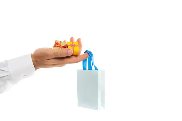 Cropped View Man Holding Paper Bag Tiny Gift Boxes Isolated — Stock Photo, Image