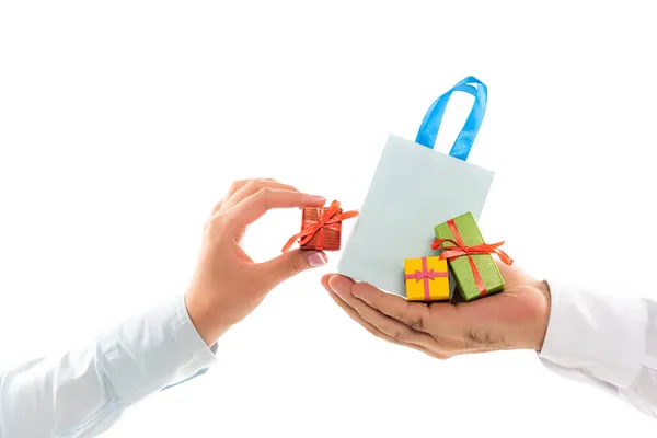 Cropped View Man Holding Shopping Bag Female Hand Tiny Gift — Stock Photo, Image