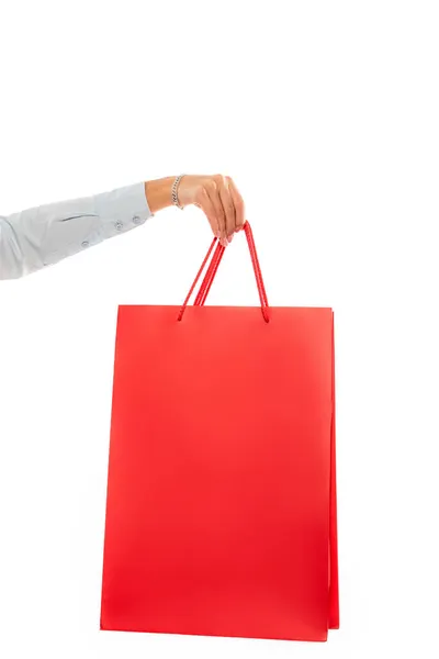 Cropped View Woman Holding Red Shopping Bag Isolated White — Stock Photo, Image