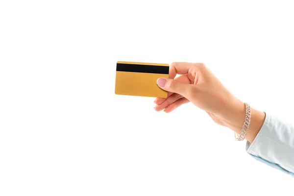 Bijgesneden Beeld Van Vrouw Met Een Creditcard Geïsoleerd Wit — Stockfoto