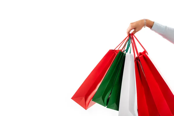 Cropped View Female Hand Holding Shopping Bags Isolated White — Stock Photo, Image