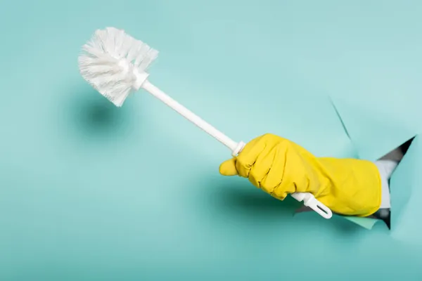 Partial View Cleaner Rubber Glove Holding Toilet Brush Hole Paper — Stock Photo, Image