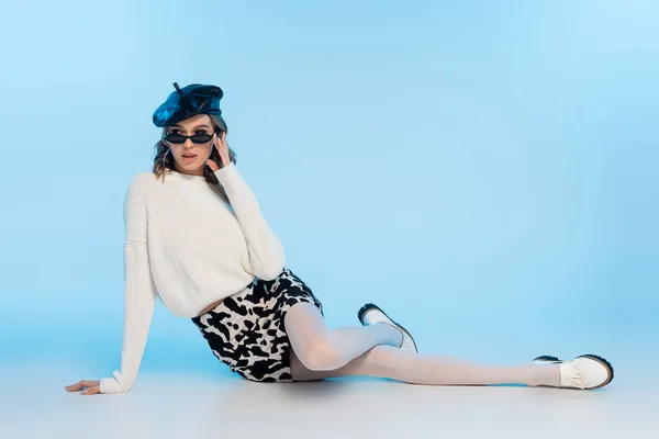 Stylish Young Woman Beret Sunglasses Skirt Cow Print Posing Blue — Stock Photo, Image