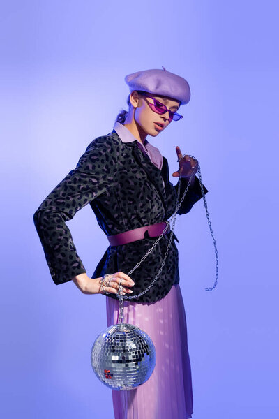 Stylish Woman Beret Sunglasses Blazer Animal Print Holding Disco Ball — Stock Photo, Image