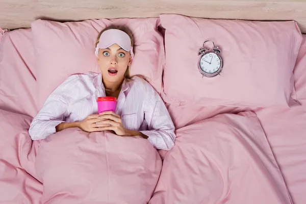 Top View Amazed Woman Sleep Mask Holding Paper Cup Alarm — Stock Photo, Image