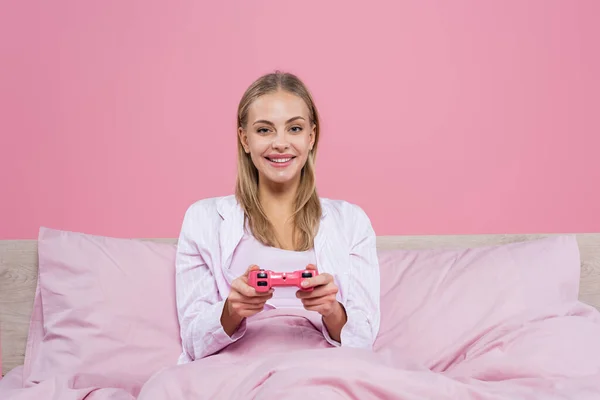 Kyiv Ukraine October 2020 Positive Blonde Woman Playing Video Game — Stock Photo, Image