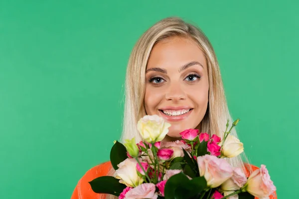 Portrait Smiling Blonde Woman Colorful Flowers Isolated Green — Stock Photo, Image