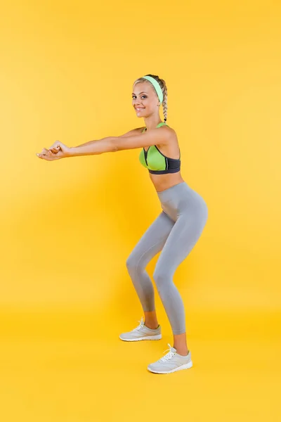 Full Length View Young Sportive Woman Doing Sit Ups Yellow — Stock Photo, Image