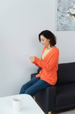 Genç kadın dijital tablet kullanıyor ve kanepeye yaslanıyor. 