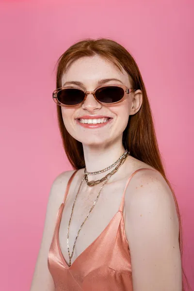 Portrait Stylish Freckled Woman Sunglasses Isolated Pink — Stok Foto