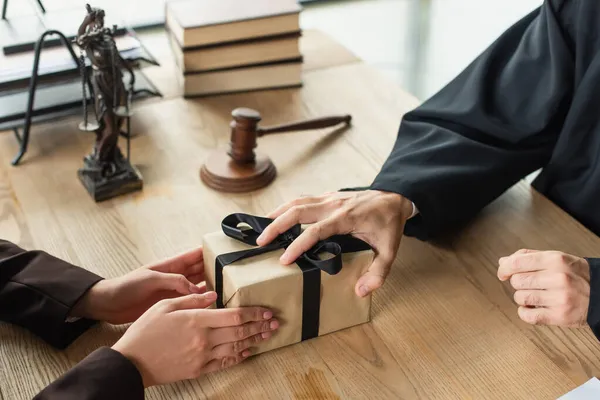 Cropped View Judge Taking Gift Client Blurred Gavel Desk Corruption — Stock Photo, Image