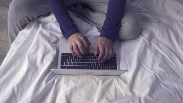 Yatakta Dizüstü Bilgisayar Kullanırken Yazanın Üst Görünümü — Stok video