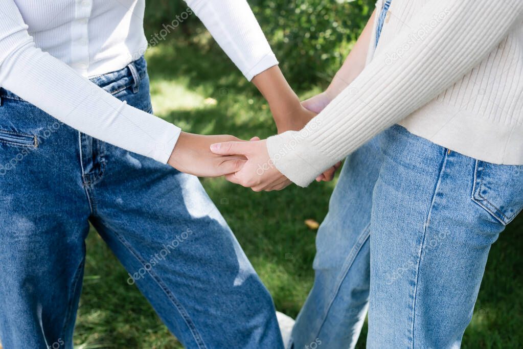 cropped view of lesbian women in jeans holding hands outside
