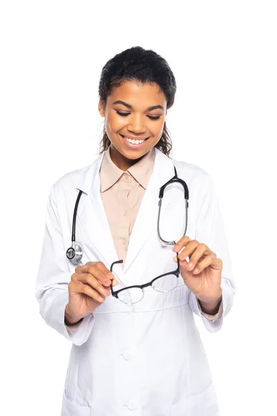 Smiling African American Doctor Holding Eyeglasses Isolated White — Stock Photo, Image