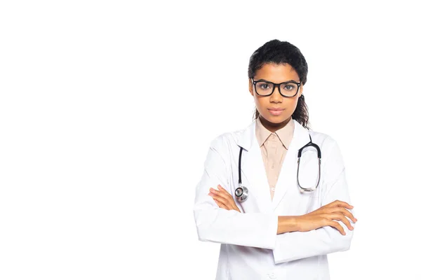 African American Oculist Crossing Arms Looking Camera Isolated White — Stock Photo, Image