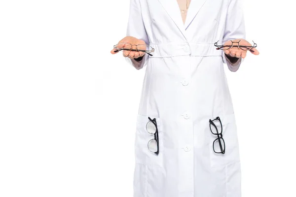 Cropped View African American Oculist White Coat Holding Eyeglasses Hands — Stock Photo, Image