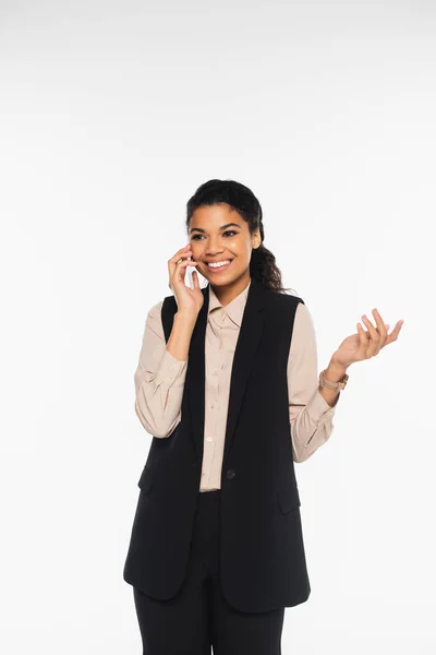 Cheerful African American Businesswoman Talking Mobile Phone Isolated White — Stock Photo, Image