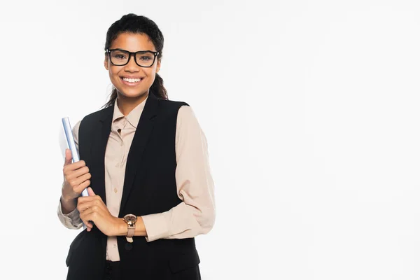 Smiling African American Businesswoman Eyeglasses Holding Paper Folder Isolated White — Stock Photo, Image