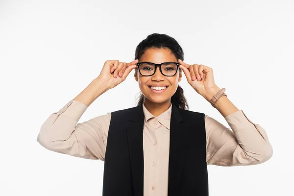 Cheerful African American Manager Holding Eyeglasses Looking Camera Isolated White — Stock Photo, Image