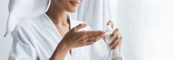 Cropped View Pleased African American Woman Holding Bottle Cleanser Cotton — Stock Photo, Image
