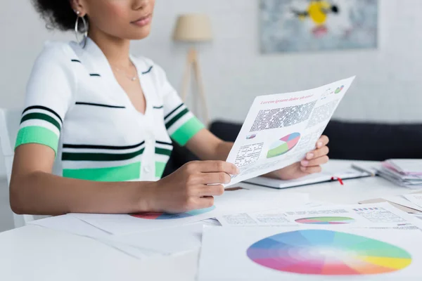 Cropped View African American Woman Holding Document Charts Home — Stock Photo, Image