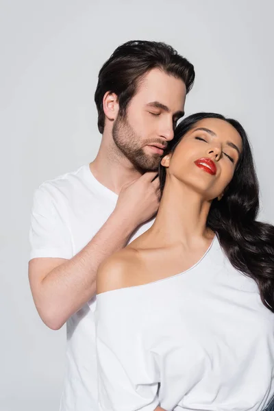 Man Closed Eyes Touching Neck Passionate Woman Bare Shoulder Isolated — Stock Photo, Image