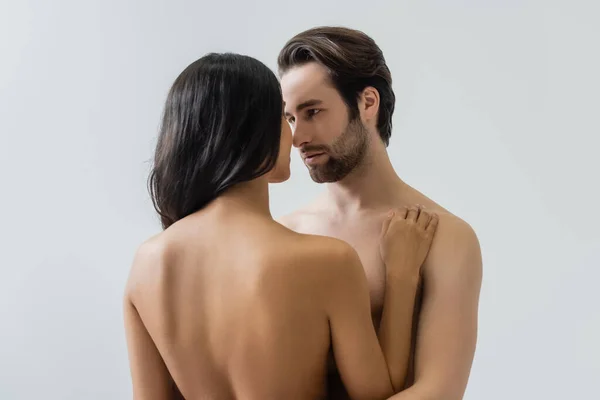 Back View Naked Woman Young Shirtless Boyfriend Isolated Grey — Stock Photo, Image