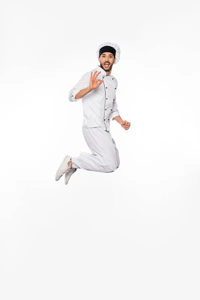 Amazed Chef Hat Uniform Jumping Showing Okay White — Stock Photo, Image