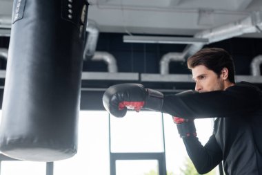 Esmer sporcu spor salonunda kum torbasıyla çalışıyor. 