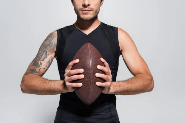 Cropped View Sportsman Holding Rugby Ball Isolated Grey — Foto Stock