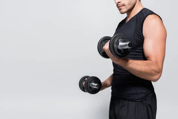 Cropped View Athletic Sportsman Working Out Dumbbells Isolated Grey — Foto Stock