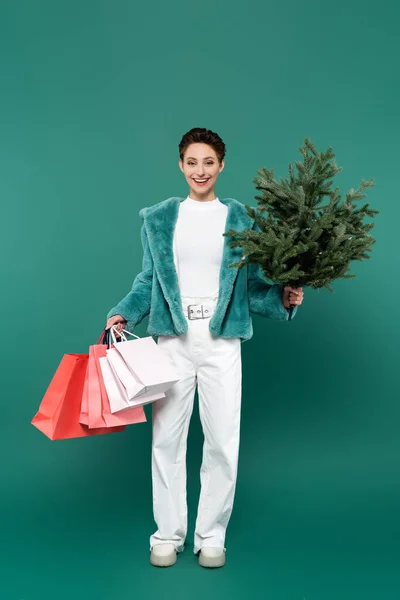Full Length View Trendy Woman Shopping Bags Small Fir Tree — Stock Photo, Image